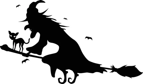 Vector Illustration Silhouette Witch Flying Cat Broomstick — Vetor de Stock