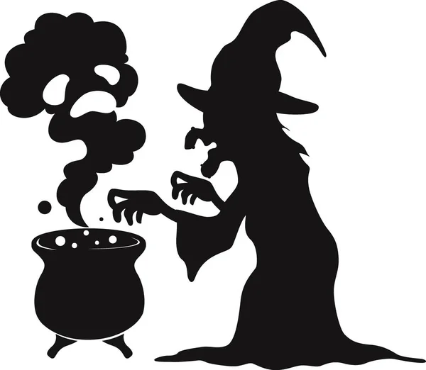 Vector Illustration Silhouette Witch Cooking Magic Potion Cauldron — Stockvektor