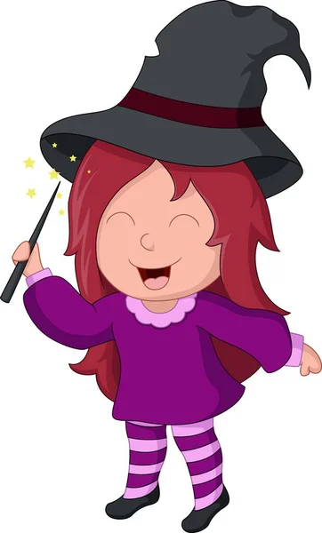 Vector Illustration Cute Little Witch Girl Holding Magic Wand — Vetor de Stock