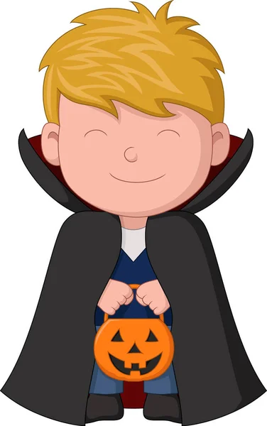 Vector Illustration Cute Little Vampire Holding Pumpkin Basket — Stock Vector