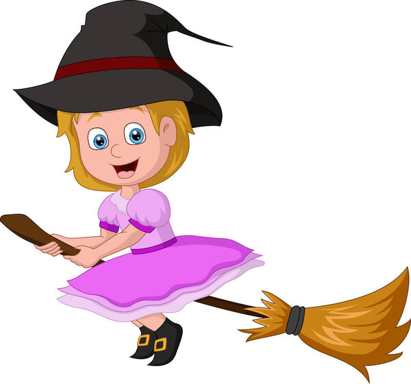 Vector Illustration of Cartoon little witch flying on broomstick