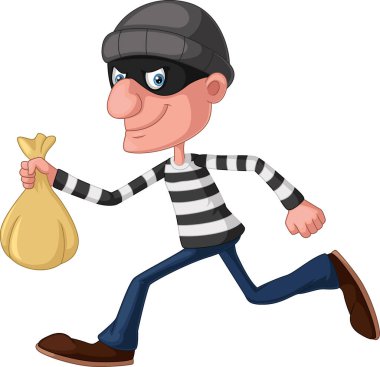 Vector Illustration of Cute thief cartoon carrying a bag of money