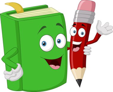 Şirin kitap ve kalem karikatürünün Vektör İllüstrasyonu