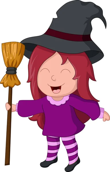 Wektor Ilustracja Cute Little Witch Girl Gospodarstwa Miotłę — Wektor stockowy