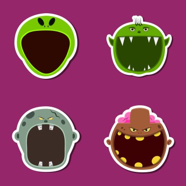 Halloween Head Set Tasarımı Yapıştırması. Cin, Gri Zombi ve Kahverengi Zombi Kafa Karakteri. Vektör ve Görüntü.