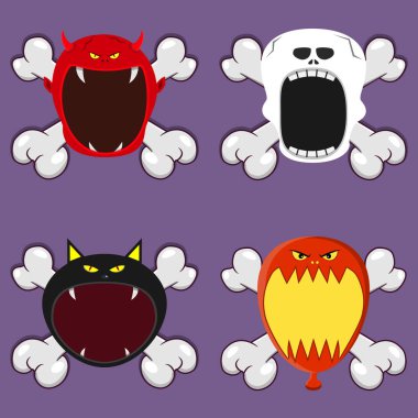 Şeytanla, İskeletle, Kara Kedi ve Balonla Baş Canavar Tasarımı. Kafatası ve Açık Ağız hakkında. Vektör ve Görüntü