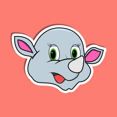 Gergedan Karakter Tasarımlı Hayvan Yüzlü Çıkartma. Vektör ve Görüntü.