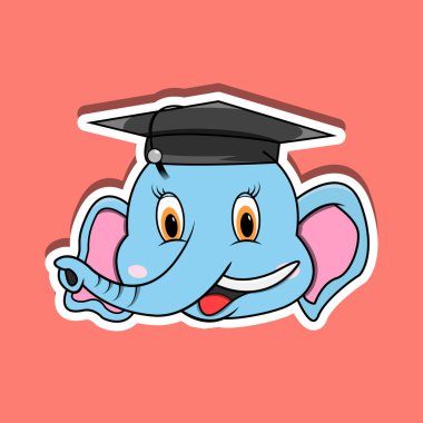 Mezuniyet şapkası giyen fil suratlı hayvan suratlı çıkartma. Karakter Tasarımı. Vektör ve Görüntü.