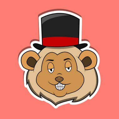 Aslan suratlı, sirk şapkalı hayvan suratlı çıkartma. Karakter Tasarımı. Vektör ve Görüntü.