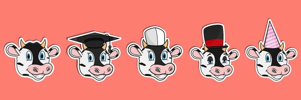 Conjunto Autocolantes Para Animais Vaca Cabeça Graduação Chef Magician Chapéu —  Vetores de Stock