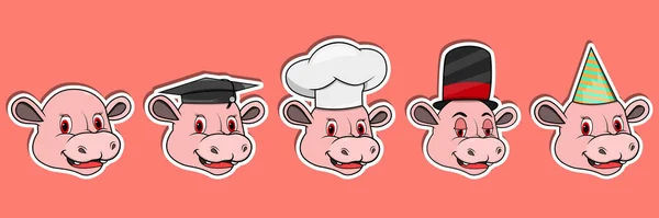 Hoofd Hippopotamus Animal Sticker Set Afstuderen Chef Kok Goochelaar Feestmuts — Stockvector