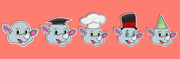 Head Rhinoceros Animal Sticker Set Graduation Chef Magician Party Hat — Stock Vector