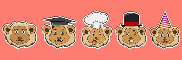 Hoofd Lion Animal Sticker Set Afstuderen Chef Kok Goochelaar Feestmuts — Stockvector