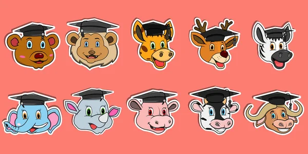 Hoofd Animal Sticker Set Voor Logo Sticker Graduation Theme Vector — Stockvector