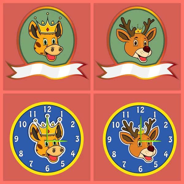 Cabezas Animales Lindos Jirafa Ciervo Para Logotipo Insignia Emblema Reloj — Vector de stock
