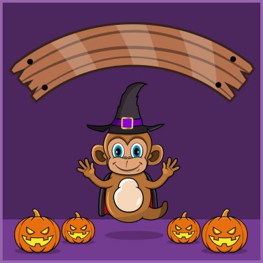 Vampir Cadılar Bayramı Gümrüğü Giyen Şirin Maymun Hayvanı, Boş Alan Sancağıyla, Balkabağı ve Uçan Pozisyonuyla. Vektör ve Görüntü