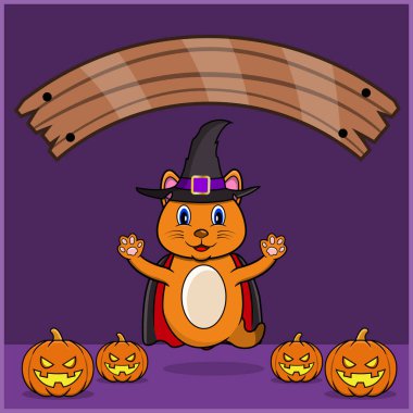 Vampir Cadılar Bayramı Gümrüğü Giyen Şirin Kedi Hayvanı, Boş Alan Afişi, Balkabağı ve Uçan Pozisyonlu. Vektör ve Görüntü