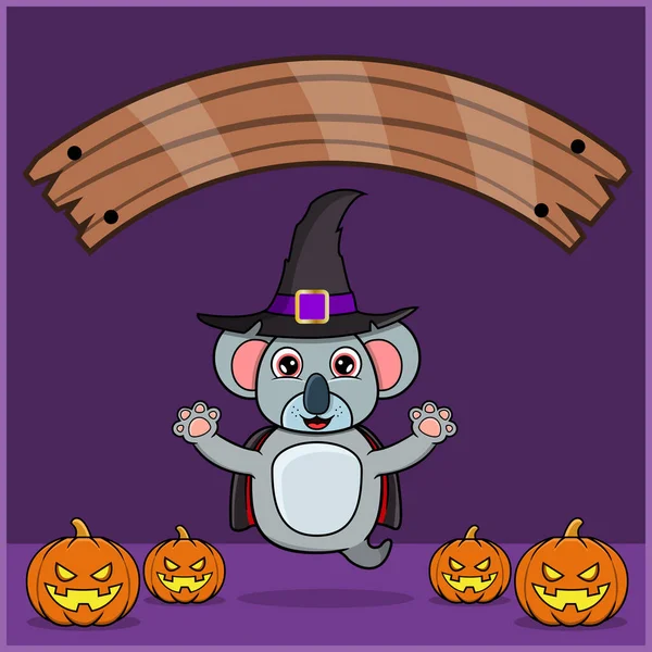 Vampir Cadılar Bayramı Gümrüğü Giyen Şirin Koala Hayvanı, Boş Alan Sancağıyla, Balkabağı ve Uçan Pozisyonuyla. Vektör ve Görüntü