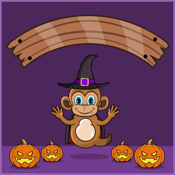 Vampir Cadılar Bayramı Gümrüğü Giyen Şirin Maymun Hayvanı, Boş Alan Sancağıyla, Balkabağı ve Uçan Pozisyonuyla. Vektör ve Görüntü