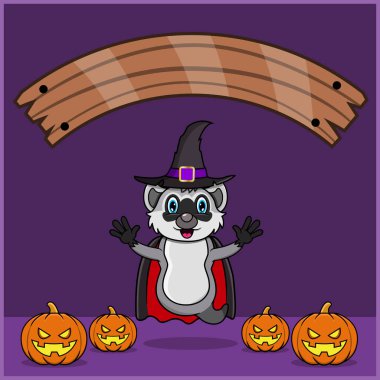Vampir Cadılar Bayramı Gümrüğü Giyen Sevimli Rakun Hayvanı, Boş Alan Sancağıyla, Balkabağı ve Uçan Pozisyonuyla. Vektör ve Görüntü
