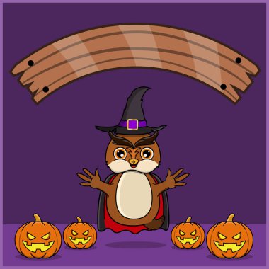 Vampir Cadılar Bayramı Gümrüğü Giyen Sevimli Baykuş Hayvanı, Boş Alan Sancağıyla, Balkabağı ve Uçan Pozisyonuyla. Vektör ve Görüntü
