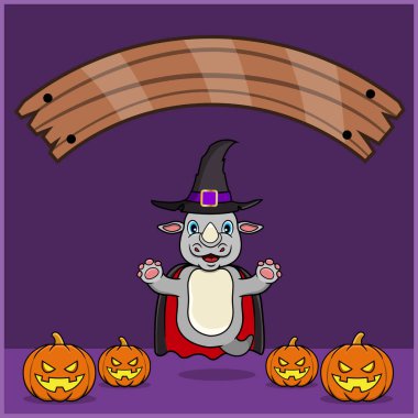 Vampir Cadılar Bayramı Gümrüğü Giyen Sevimli Gergedan Hayvanı, Boş Uzay Sancağıyla, Balkabağı ve Uçan Pozisyonuyla. Vektör ve Görüntü