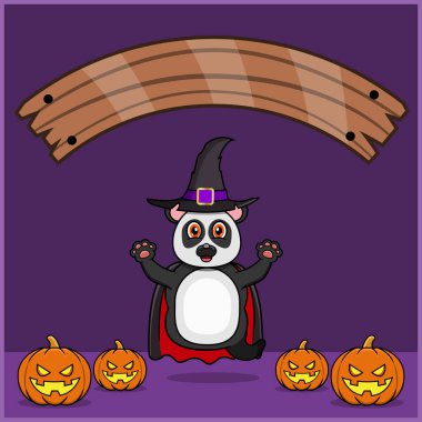 Vampir Cadılar Bayramı Gümrüğü Giyen Şirin Panda Hayvanı, Boş Alan Sancağıyla, Balkabağı ve Uçan Pozisyonuyla. Vektör ve Görüntü