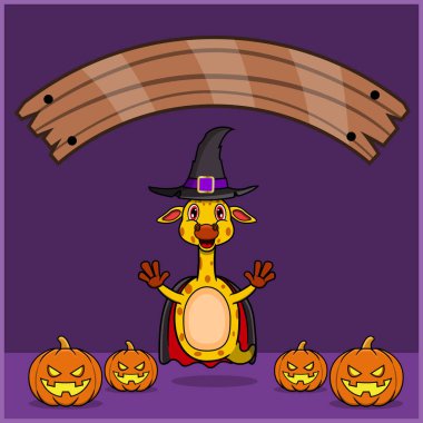 Vampir Cadılar Bayramı Gümrüğü Giyen Şirin Zürafa Hayvanları, Boş Uzay Sancağıyla, Balkabakları ve Uçan Pozisyonuyla. Vektör ve Görüntü