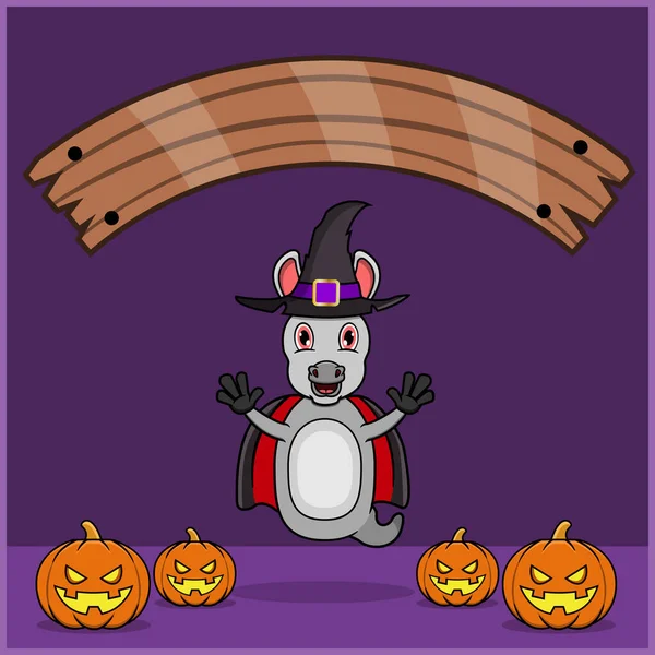 Vampir Cadılar Bayramı Gümrüğü Giyen Şirin Eşek Hayvanı, Boş Alan Sancağıyla, Balkabağı ve Uçan Pozisyonuyla. Vektör ve Görüntü