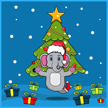 Fil Karakteri Tasarımı, Çorap Giyen ve Şapka Giyen Sevimli Hayvan Noel 'i. Orman Arkaplanı. Arkaplan, tebrik kartı, etiket ve simge için mükemmel. Vektör ve illüstrasyon.