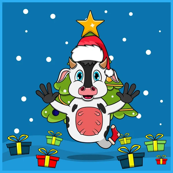 Lindo Animal Navidad Con Diseño Personaje Vaca Uso Calcetín Sombrero — Vector de stock