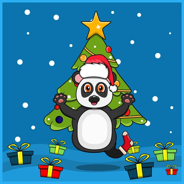 Cute Animal Christmas Panda Character Design Wearing Sock Hat Christmas — Stock Vector
