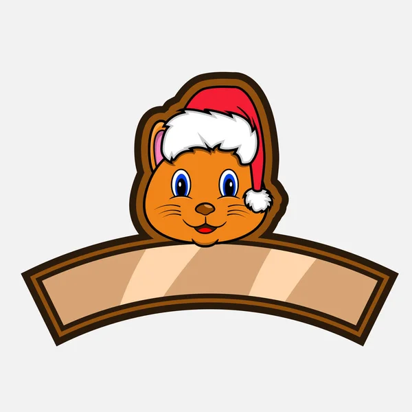 Kedi Başı Karakteri Logosu Simge Filigran Rozet Amblem Noel Şapkası — Stok Vektör