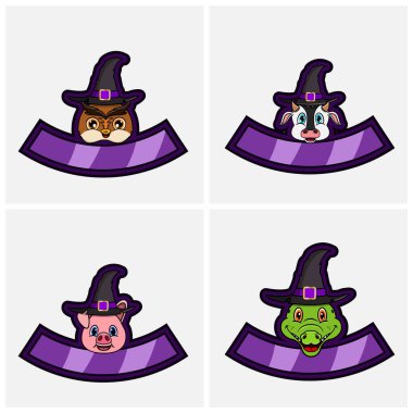 Sevimli Hayvanlar Baş Karakterini Ayarla. Logo, Simge, rozet, Cadı Şapkalı amblem ve etiket için. Baykuş, İnek, Domuz ve Timsah. Vektör ve Görüntü.