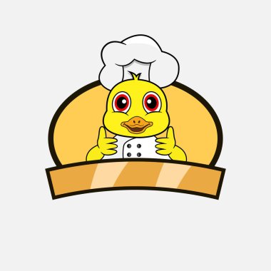 Şirin ördek şefi ve aşçılık teması. Maskot, Karakter, Logo, Etiket ve Simge. Vektör ve Görüntü.