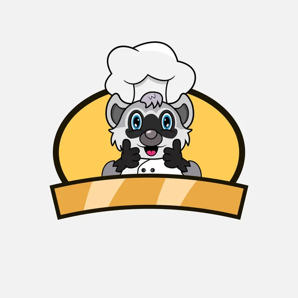 Lindo Mapache Chef Cocina Tema Mascota Carácter Logo Etiqueta Icono — Vector de stock
