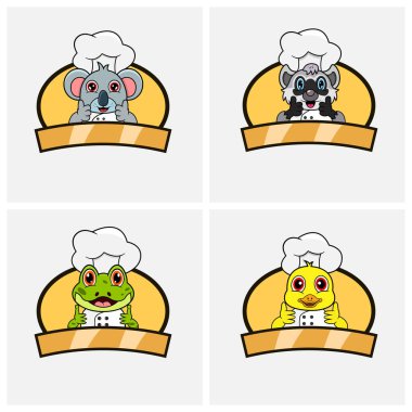 Sevimli Hayvanlar Şefi seti, Şapka Giyme ve Yemek Teması. Koala, Rakun, Kurbağa ve Ördek Karakter Tasarımı, Maskot, Etiket, Simge ve Logo. Vektör ve Görüntü.