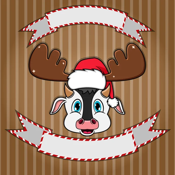 Jolie Tête Vache Avec Chapeau Noël Étiquette Bannière Vierges Caractère — Image vectorielle