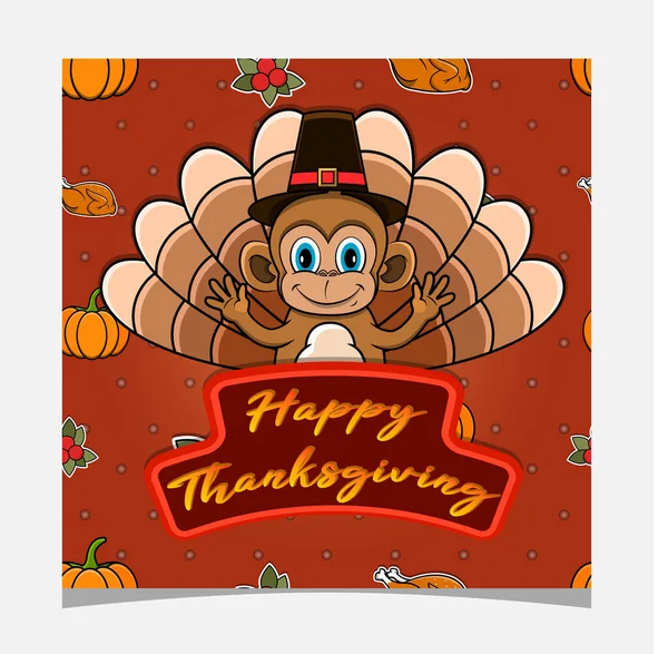 Happy Thanksgiving Card Cute Monkey Character Design Greeting Card Poster — Stock Vector