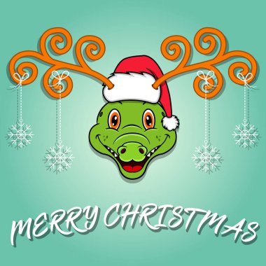 Şirin Kedi Kafası Çizgi Film Noel Kartı. Şapka Giymek ve Komik Noel 'ler. Vektör ve Görüntü.