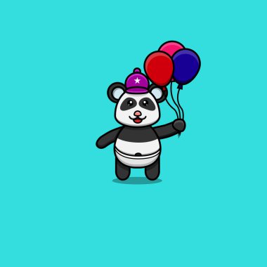 Şapka Giyen ve Balon Getiren Şirin Bebek Panda. Karakter, Logo, Simge ve İlham Tasarımı. Vektör ve Görüntü.