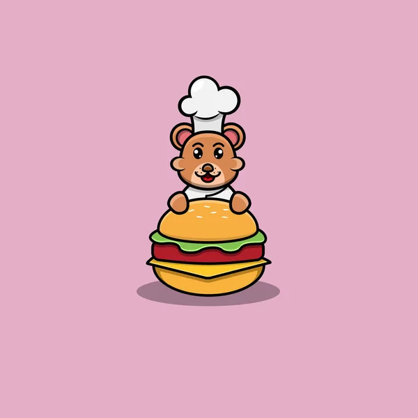 Chef Lindo Oso Bebé Con Hamburguesa Carácter Logotipo Icono Dibujos — Vector de stock