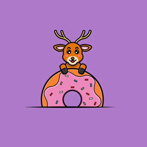 Niedliche Baby Hirsch Charakter Auf Donut Charakter Maskottchen Ikone Und — Stockvektor