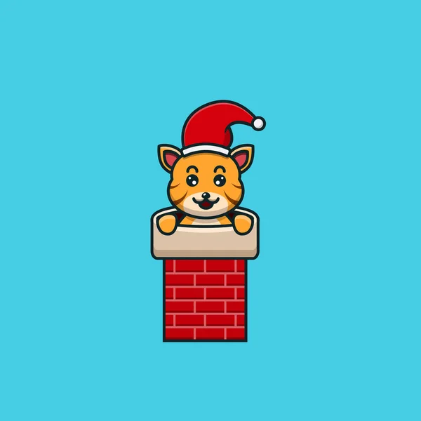 Cute Baby Tiger Christmas House Chimney Характер Маскот Ікон Дизайн — стоковий вектор