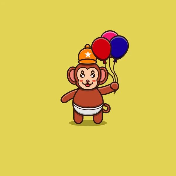 Nettes Affenbaby Bringt Luftballons Mit Charakter Maskottchen Logo Cartoon Ikone — Stockvektor