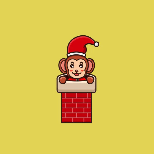 Mono Bebé Lindo Chimenea Casa Traje Santa Claus Personaje Mascota — Vector de stock