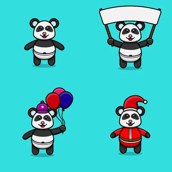Zestaw Uroczych Postaci Pandy Różnymi Pozami Przynieś Sztandar Balony Sztandar — Wektor stockowy