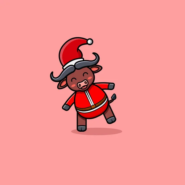 Feliz Lindo Búfalo Con Traje Navidad — Vector de stock