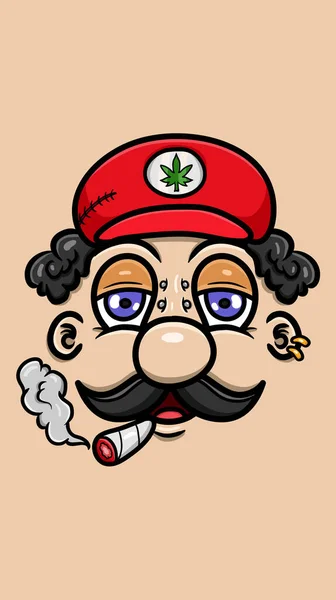 Drăguț Desen Animat Doodle Mario Față Relaxare Expresie Fumat Vector — Vector de stoc