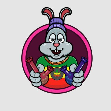 Cam Bong Dumanlı Maskot Tavşan Logosu çizgi filmi. Glass Bong Teması.